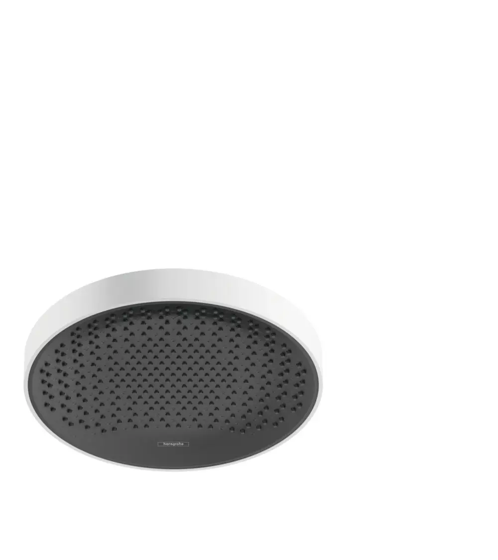 Runde Duschelement mit schwarzer Oberfläche, fein strukturiert, umgeben von einem schmalen weißen Rand. Produkt von Hansgrohe.